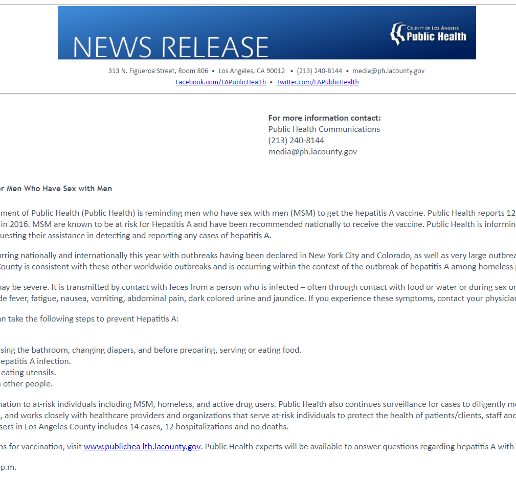 Press Release - MSM Should Get Vaccinated for Hepatitis A